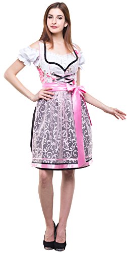 Dirndlspatz Dirndl Damen Exklusiv 3 Teilig Komplettset Midi Festlich Traditionell Gr 40"Emma in Schwarz Rosa Geblümt Satinschürze von Dirndlspatz