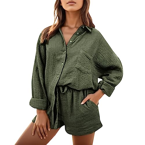 Dislsokrhov Damen Set Sommeroutfit 2 Teiler Sommer Zweiteiler Freizeit Basic 2 Teiliganzug Elegant Zweiteiler Outfit Frauen Y2K Streetwear Oversize Tracksuit Set Blusen Shirt High Waist Shorts Sets von Dislsokrhov