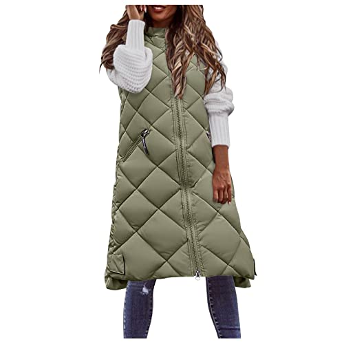 Damen Steppweste Winter Daunenweste Übergangsweste Lang Weste Winterjacke Leichte Warm Gesteppt Casual Longweste Winterweste Daunenmantel Oversize Daunenjacke Waistcoat mit Kapuze 11# Armeegrün,XL von Dislsokrhov