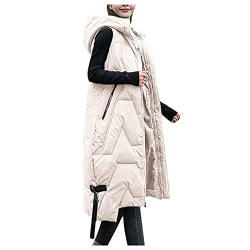 Damen Steppweste Winter Daunenweste Übergangsweste Lang Weste Winterjacke Leichte Warm Gesteppt Casual Longweste Winterweste Daunenmantel Oversize Daunenjacke Waistcoat mit Kapuze 26# Beige,XL von Dislsokrhov