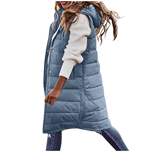 Damen Steppweste Winter Daunenweste Übergangsweste Lang Weste Winterjacke Leichte Warm Gesteppt Casual Longweste Winterweste Daunenmantel Oversize Daunenjacke Waistcoat mit Kapuze 3# Blau,5XL von Dislsokrhov