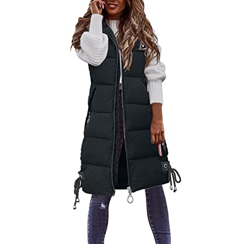 Damen Steppweste Winter Daunenweste Übergangsweste Lang Weste Winterjacke Leichte Warm Gesteppt Casual Longweste Winterweste Daunenmantel Oversize Daunenjacke Waistcoat mit Kapuze 7# Schwarz,L von Dislsokrhov