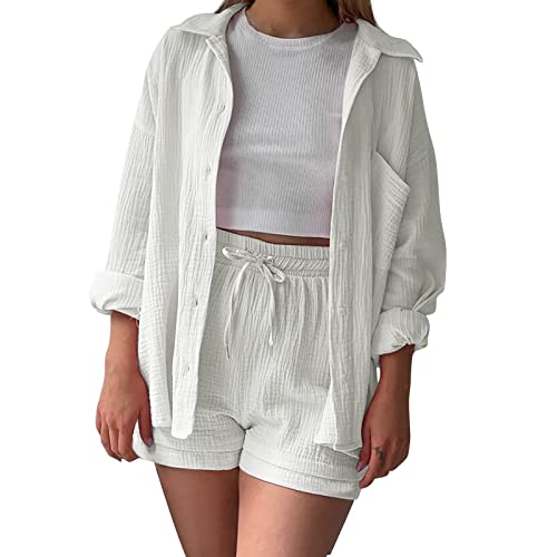 Dislsokrhov Damen Zweiteiler Outfit Sommer Freizeitanzug Einfarbig Revers Button Down Hemd und Shorts Set Casual Loungewear Hosenanzug Y2K Streetwear Langarm Hemdshirt Kurze Hose Set von Dislsokrhov