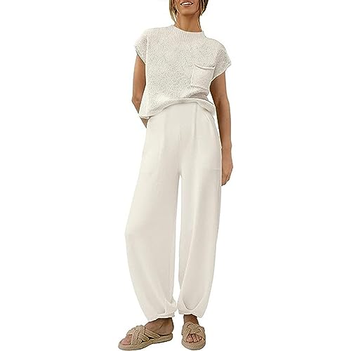 Dislsokrhov Sommer Zweiteilige Pullover Sets für Frauen Trendy Lounge Sets Strick Häkeln Pullover Top Hohe Taille Hosen Outfits Crochet Top Freizeitanzug mit Taschen Leicht Einfarbig Loungewear von Dislsokrhov