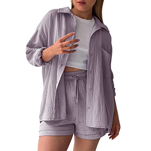 Dislsokrhov Zweiteiler Damen Sommer Plissee Set Elegant Hosenanzug Freizeitanzug Einfarbig Bluse High Waist Shorts Casual Loungewear Y2K Streetwear Luftige Sport Sets damen kurz von Dislsokrhov