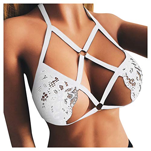 Offene Brust BH Damen Hebe BH Ouvert Spitze Dessous mit Metall Ring Verstellbare Bandage Sexy Körper Cross Cage BH Blumen Spitze Bustier Sexy Tiefer V-Ausschnitt BH Weiß,L von Dislsokrhov