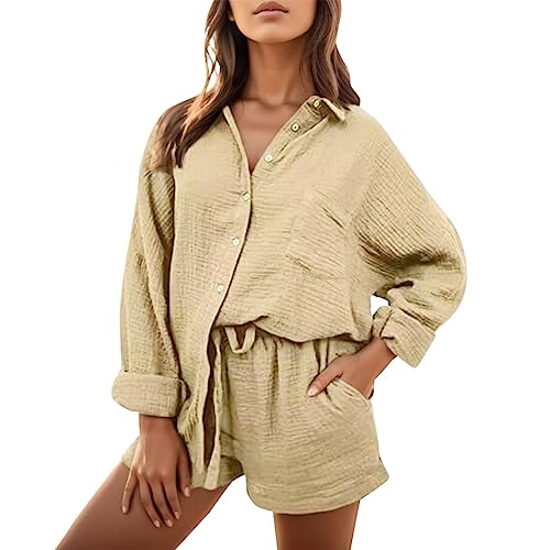 Dislsokrhov Set Damen Outfit 2 Teiler Damen Sommer Zweiteiler Freizeit Basic 2 Teiliganzug Elegant Zweiteiler Sommeroutfit Frauen Y2K Streetwear Oversize Tracksuit Set Blusen Shirt High Waist Shorts von Dislsokrhov