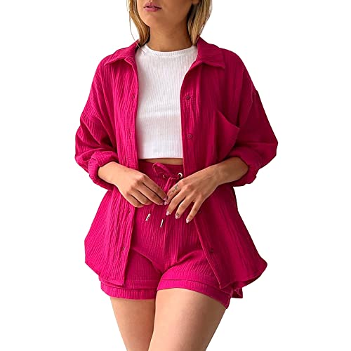 Dislsokrhov Set Damen Outfit 2 Teiler Damen Sommer Zweiteiler Freizeit Basic 2 Teiliganzug Elegant Zweiteiler Sommeroutfit Frauen Y2K Streetwear Oversize Tracksuit Set Blusen Shirt High Waist Shorts von Dislsokrhov