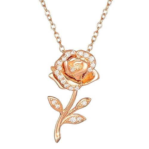 Disney Beauty and the Beast Pink Gold Over Sterling Silver Enchanted Rose Cubic Zirconia Necklace 18" von Disney