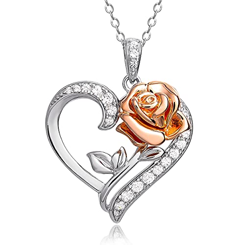 Disney Beauty and the Beast Pink Gold Over Sterling Silver Two Tone Enchanted Rose Cubic Zirconia Heart Necklace, 18" von Disney