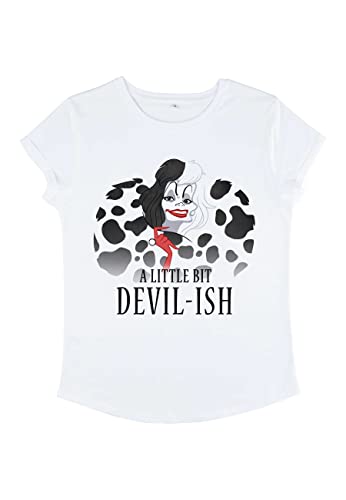 Disney Damen 101 Dalmatians Scary Evil Cruella Women's Organic Rolled Sleeve T-shirt, Weiß, S von Disney