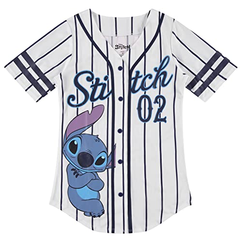 Disney Damen Mickey Mouse Fashion Shirt – Mickey & Minnie Mouse Baseball Jersey Mickey Mouse Button Down Baseball Jersey, Weiß/Blau gestreift, Groß von Disney