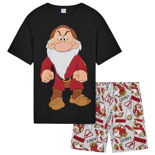 Disney Grumpy Schlafanzug Herren Kurz, Pyjama Set T-Shirt & Shorts - Geschenke für Männer (Schwarz/Grau, XL) von Disney