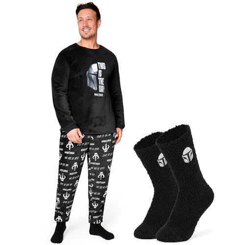 Disney Mandalorian Herren Schlafanzug lang mit Flauschigen One Size Socken - Pyjama Herren mit Taschen in Größe M-2XL (Schwarz, XL) von Disney