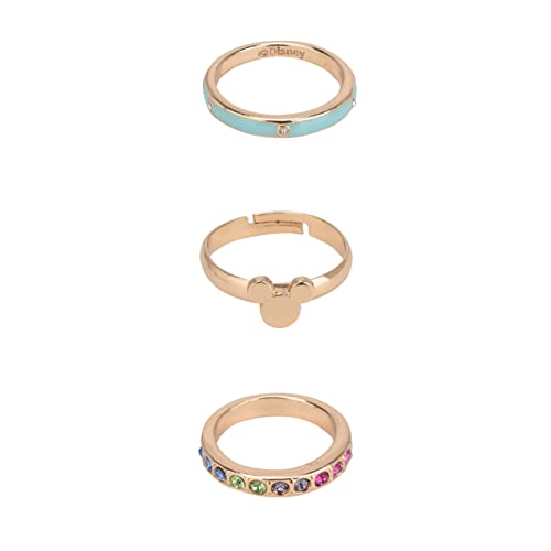 Disney Mickey Mouse 3-teiliges stapelbares Ring-Set für Damen und Mädchen, in authentischer Schmuck-Geschenkbox, goldfarben mit Charakter-Design, Kristall-Akzente, passend für Größe 5–7, Kunststoff, von Disney