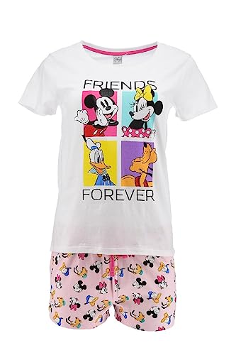 Disney Pyjama für Damen, 2-Teiliges Set Oberteil und Shorts für Damen, Pyjama mit Mickey Mouse, Minnie Mouse, Pluto und Donald Duck für Damen und Teenager (as3, Alpha, m, Regular, Regular, Weiß) von Disney