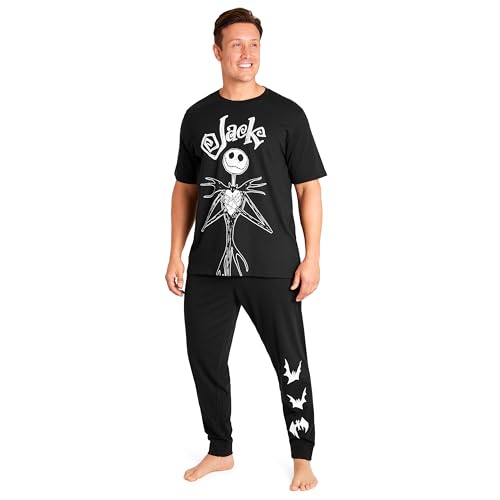 Disney Schlafanzug Herren Lang Lustig Pyjama Set Herren Nachtwäsche Witzig Donald Duck Grumpy Jack Skellington M-3XL (2XL, Schwarz Jack) von Disney