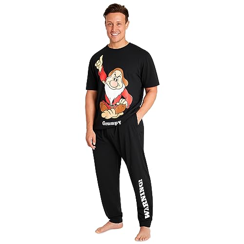 Disney Schlafanzug Herren Lang Lustig Pyjama Set Herren Nachtwäsche Witzig Donald Duck Grumpy Jack Skellington M-3XL (L, Schwarz Grumpy) von Disney