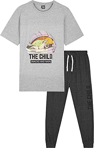 Star Wars Baby Yoda Schlafanzug Herren, The Mandalorian T Shirt und Schlafanzughose Herren Lang, Baumwolle Pyjama Herren S-3XL, Freizeitanzug Hausanzug (Grau, S) von Star Wars