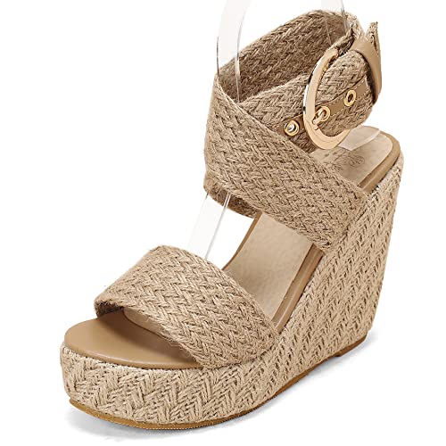 Diuniarza Damen Espadrille mit Absatz, Sandalen Offene Zeh Leisure Keilabsatz Party Schuhe mit Plateau Schnalle Criss Cross Strap, 15166Msc Aprikose Gr 31 EU von Diuniarza