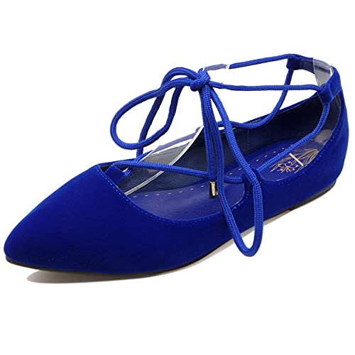 Damen Flache Ballettschuhe Pointed Toe Lässige Pump Schnüren Flache Tanzschuhe Ankle Wrap, 11349Lmf Blau Gr 41 EU von Diuniarza