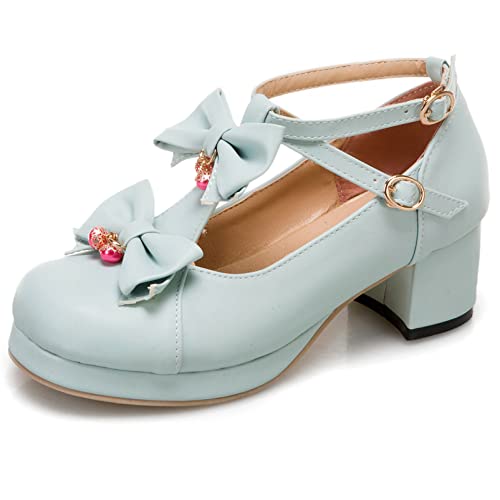 Damen Mary-Jane-Schuhe mit Blockabsatz Runde Zehen Süße Pump Schnalle Party-Schuhe mit Mittlerem Absatz mit Plateau Criss Cross Strap Bogen Lolita Schuhe, 9832Gpc Blau Gr 42 EU von Diuniarza