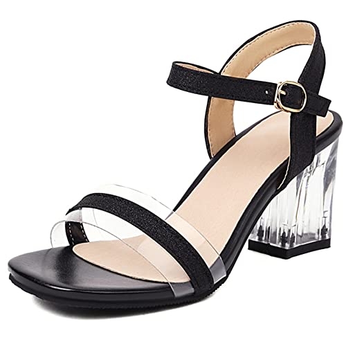 Damen Sandale mit Absatz, Sandalen Offene Zeh Leisure Blockabsatz Party Schuhe Knöchelriemchen Schnalle Glitzer, 2510Uzv Schwarz Gr 35 EU von Diuniarza