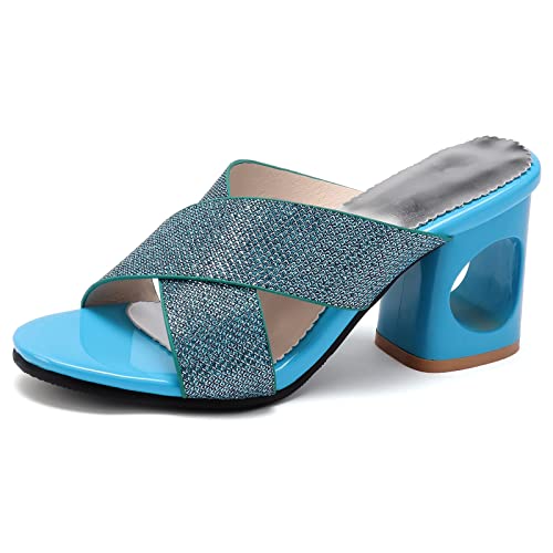 Diuniarza Blockabsatz Offene Zeh Pantoletten Für Damen Sommer Pantoffeln Stylish Ohne Verschluss Draußen Slingback Strand Mode Elegant Blau Gr 32 EU von Diuniarza