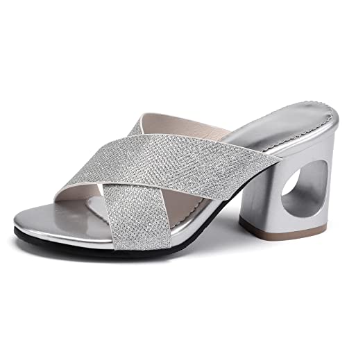 Diuniarza Blockabsatz Offene Zeh Pantoletten Für Damen Sommer Pantoffeln Stylish Ohne Verschluss Draußen Slingback Strand Mode Elegant Silber Gr 45 EU/47 Asiatisch von Diuniarza