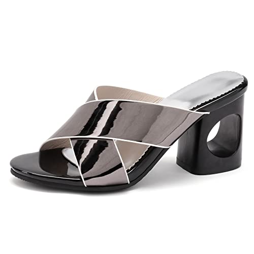 Diuniarza Blockabsatz Offene Zeh Pantoletten Für Damen Sommer Pantoffeln Stylish Ohne Verschluss Draußen Slingback Strand Mode Elegant Silber-Grau Gr 36 EU von Diuniarza