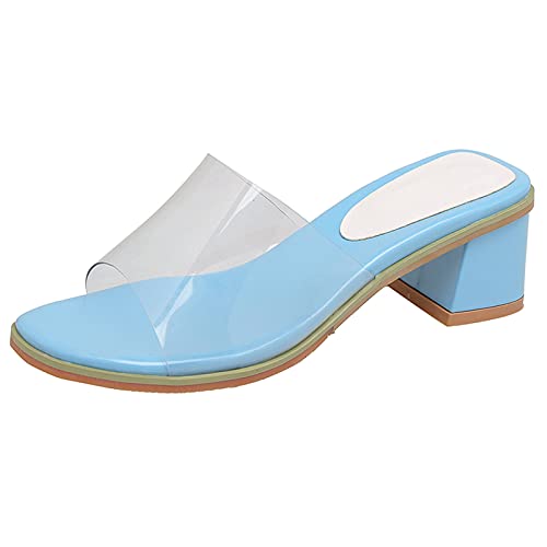 Diuniarza Damen Block Sandalen Pantoletten Für Damen Offene Zeh Pantoffeln Draußen Square Toe Transparent Mode Ohne Verschluss Blau Gr 32 EU von Diuniarza