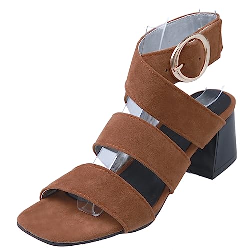 Diuniarza Damen Blockabsatz Square Toe Gladiator Sandals Strappy Offene Zeh Knöchelriemchen Mode Weit Fit Ösen Braun Gr 35 EU von Diuniarza