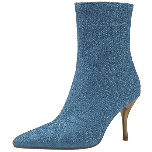 Diuniarza Damen Höhe Ferse Stiefeletten, Partystiefeletten Stiletto Zip Pointed Toe Stiefeletten Mode Glitzer, 11996Dvr Blau Gr 39 EU von Diuniarza