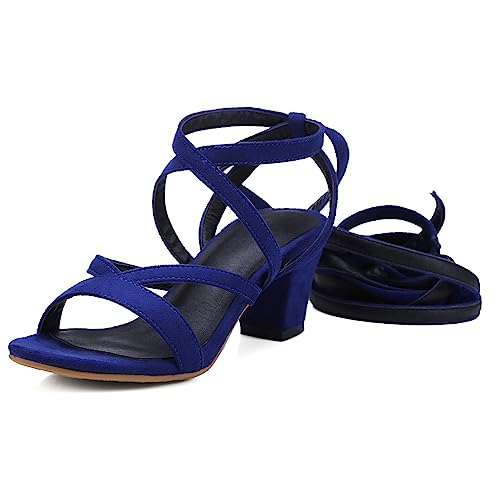 Diuniarza Damen Mid Chunky Heel Offene Zeh Cross Strap Sandals Wildleder Blockabsatz Runde Zehen Gladiator Schnüren Blau Gr 36.5 EU/37 Asiatisch von Diuniarza