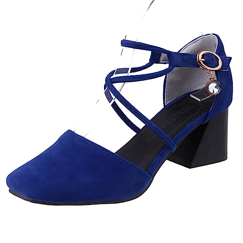 Diuniarza Damen Mitte Blockabsatz Cross Strap Mary Jane Square Toe Sommer Sandales Geschlossen Pump Wildleder Abendschuhe Blau Gr 42 EU/44 Asiatisch von Diuniarza