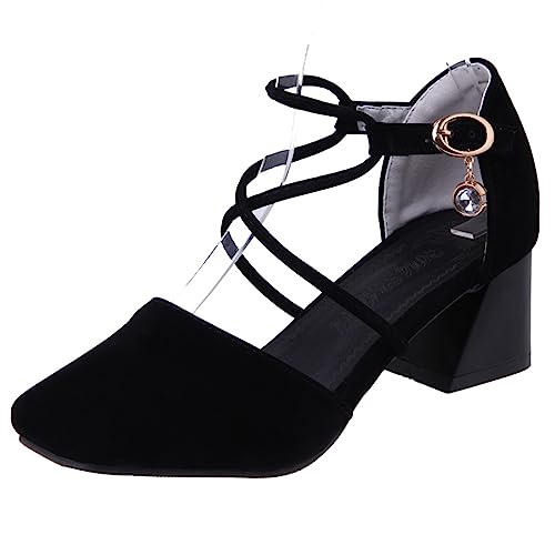 Diuniarza Damen Mitte Blockabsatz Cross Strap Mary Jane Square Toe Sommer Sandales Geschlossen Pump Wildleder Abendschuhe Schwarz Gr 41 EU/43 Asiatisch von Diuniarza