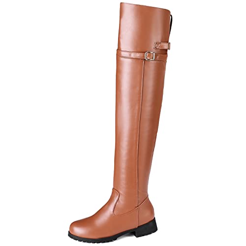 Diuniarza Damen Overknee Stiefel mit Mittlerem Absatz, Reitstiefel Blockabsatz Zip Runde Zehen Boots Leisure, 25071Cxu Braun Gr 48 EU von Diuniarza