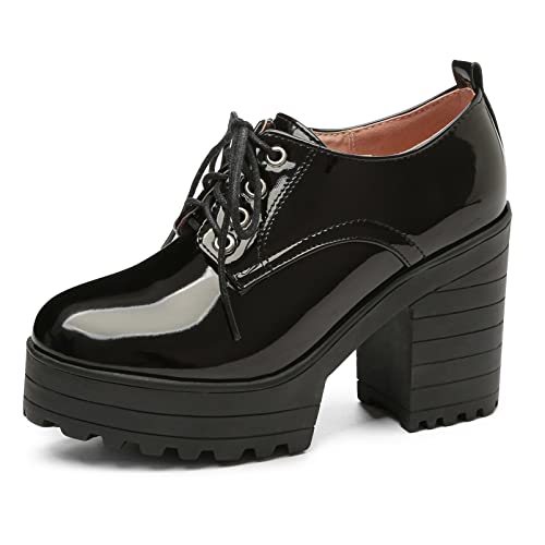 Diuniarza Damen Oxford mit Klobigem Absatz Runde Zehen Lässige Pump Schnüren Party-Schuhe mit Hohem Absatz mit Plateau, 739Rmk Schwarz Gr 35 EU von Diuniarza