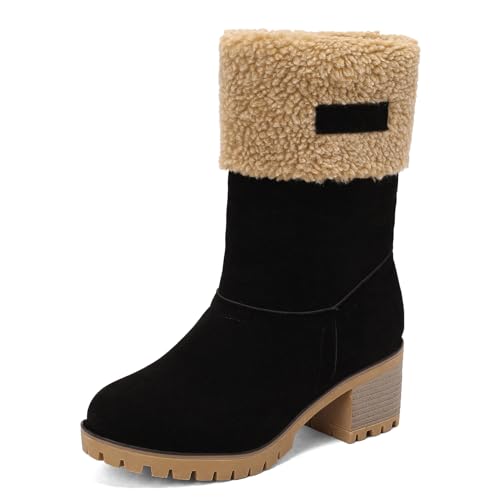 Diuniarza Damen Stiefeletten mit Blockabsatz Runde Zehen Winterstiefel Mitte Absatz Kurzschaft Stiefel Ohne Verschluss mit Plateau Pelzgefüttert, 4031Sss Schwarz Gr 39 EU von Diuniarza