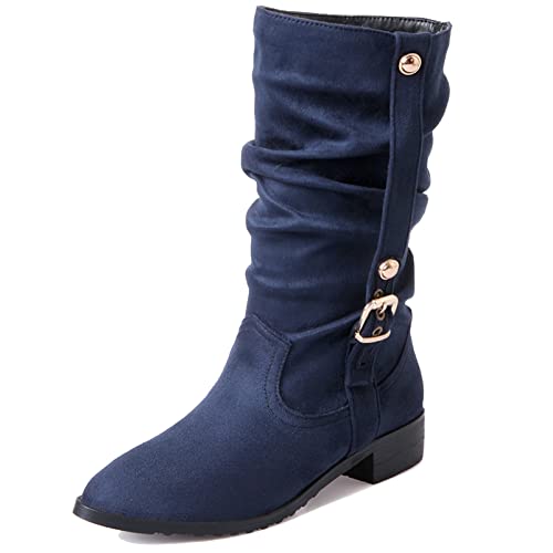 Diuniarza Damenstiefel mit Mittlerem Absatz Und Mittlerer Wade, Lockere Stiefel Blockabsatz Ohne Verschluss Pointed Toe Boots Leisure Pelzgefüttert, 21050Lte Blau/Dl Gr 45 EU von Diuniarza