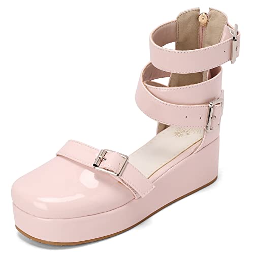 Diuniarza Flatform Keilabsatz Square Toe Strappy Damensandalen Weit Fit Reißverschlusss Komfort Knöchelriemchen Lack Sommer Pink Gr 45 EU/47 Asiatisch von Diuniarza