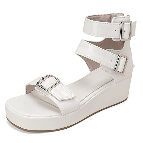 Diuniarza Flatform Keilabsatz Square Toe Strappy Damensandalen Weit Fit Reißverschlusss Komfort Knöchelriemchen Lack Sommer Weiß Gr 39 EU/40 Asiatisch von Diuniarza