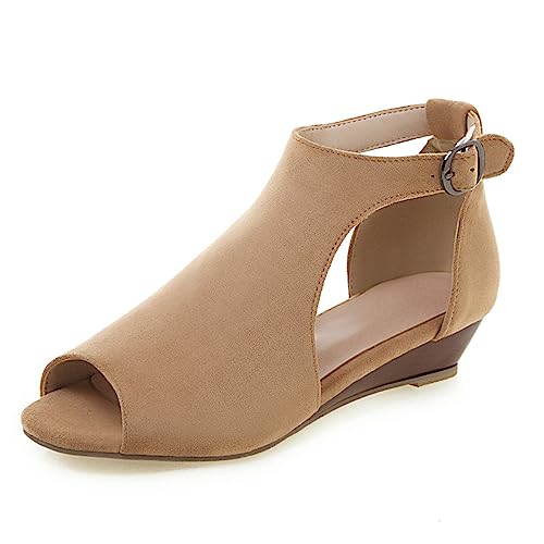 Diuniarza Gladiator Keilabsatz Sandalen Peep Toe Damensandalen T-Spange Stylish Wildleder Offene Zeh Knöchelriemchen Mitte Absatz Beige Gr 44 EU/46 Asiatisch von Diuniarza