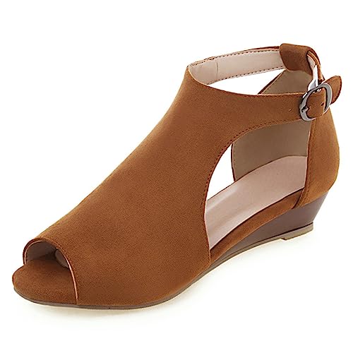 Diuniarza Gladiator Keilabsatz Sandalen Peep Toe Damensandalen T-Spange Stylish Wildleder Offene Zeh Knöchelriemchen Mitte Absatz Gelb Gr 38 EU/39 Asiatisch von Diuniarza