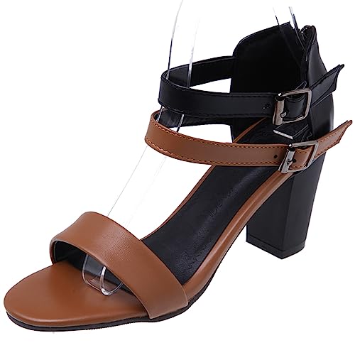 Diuniarza High Blockabsatz Sandals Damen Offene Zeh Strappy Runde Zehen Reißverschluss Knöchelriemchen Sommer Abendschuhe Braun Gr 42 EU/44 Asiatisch von Diuniarza