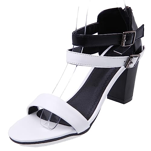 Diuniarza High Blockabsatz Sandals Damen Offene Zeh Strappy Runde Zehen Reißverschluss Knöchelriemchen Sommer Abendschuhe Weiß Gr 35 EU von Diuniarza