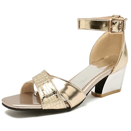 Diuniarza Hochzeit Schuhe Blockabsatz Offene Zeh Damensandalen Knöchelriemchen Lack Glitzer Crisscross Sommer Party Schuhe Gold Gr 32 EU von Diuniarza