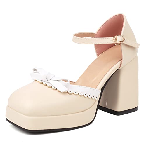 Diuniarza Hochzeit Schuhe Blockabsatz Square Toe Damensandalen Plateau Bogen Knöchelriemchen Weit Fit Pump Elegant Beige Gr 35 EU von Diuniarza