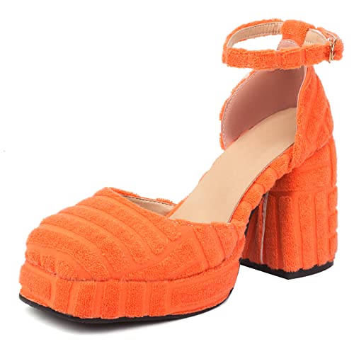 Diuniarza Hochzeit Schuhe Blockabsatz Square Toe Damensandalen Plateau Bogen Knöchelriemchen Weit Fit Pump Elegant Orange Gr 35 EU von Diuniarza