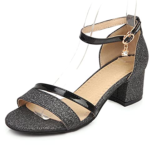 Diuniarza Hochzeit Schuhe Mitte Blockabsatz Offene Zeh Damensandalen Knöchelriemchen Glitzer Runde Zehen Elegant Party Sommer Schwarz Gr 36 EU von Diuniarza